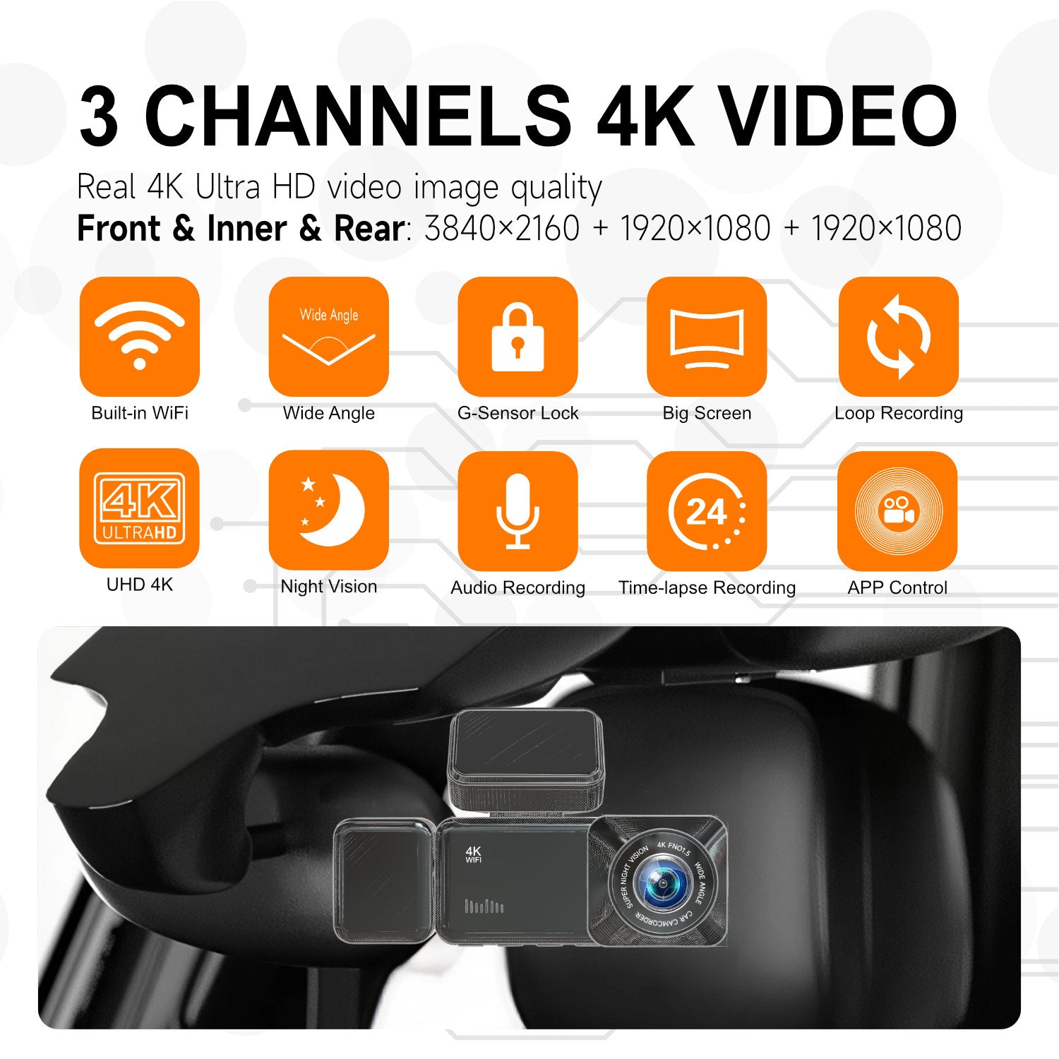 4K+1080P Dual Lens Dash Cam Front and Rear Car Camera 170° Wide Angle with Built-in Wi-Fi and APP Control Super Night Vision Parking Monitor Loop Recording for Cars