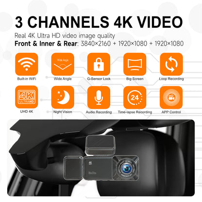 4K+1080P Dual Lens Dash Cam Front and Rear Car Camera 170° Wide Angle with Built-in Wi-Fi and APP Control Super Night Vision Parking Monitor Loop Recording for Cars