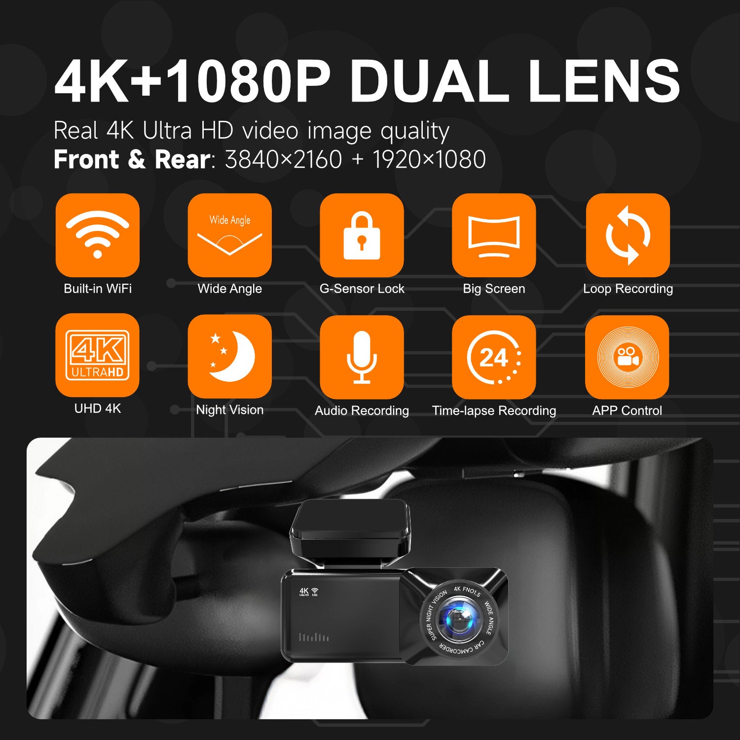 4K UHD Front and 1080P Rear Dash Cam with Built in WiFi and App 170 Degree Wide Angle Super Night Vision Parking Mode Loop Recording G Sensor for Cars