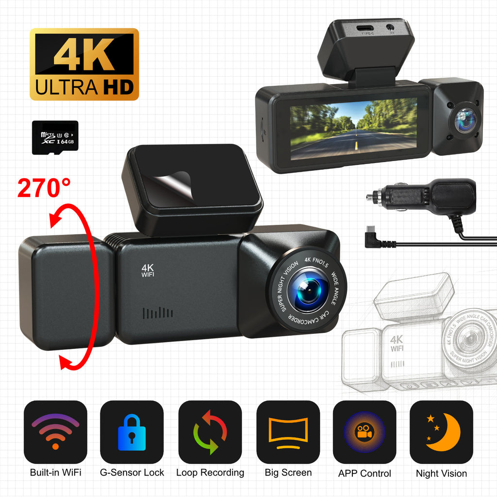 4K+1080P Dual Lens Dash Cam Front and Rear Car Camera 170° Wide Angle with Built-in Wi-Fi and APP Control Super Night Vision Parking Monitor Loop Recording for Cars