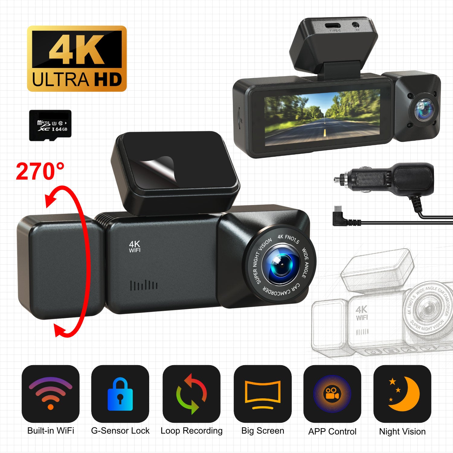 4K+1080P Dual Lens Dash Cam Front and Rear Car Camera 170° Wide Angle with Built-in Wi-Fi and APP Control Super Night Vision Parking Monitor Loop Recording for Cars