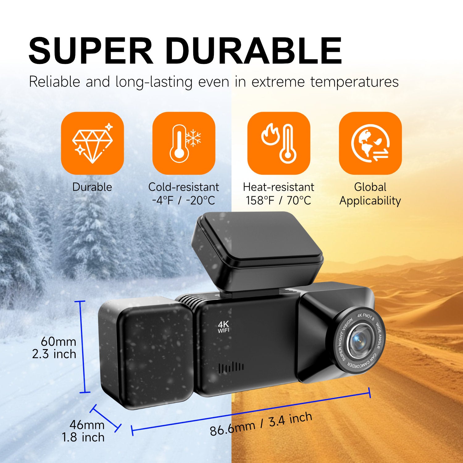 4K+1080P Dual Lens Dash Cam Front and Rear Car Camera 170° Wide Angle with Built-in Wi-Fi and APP Control Super Night Vision Parking Monitor Loop Recording for Cars