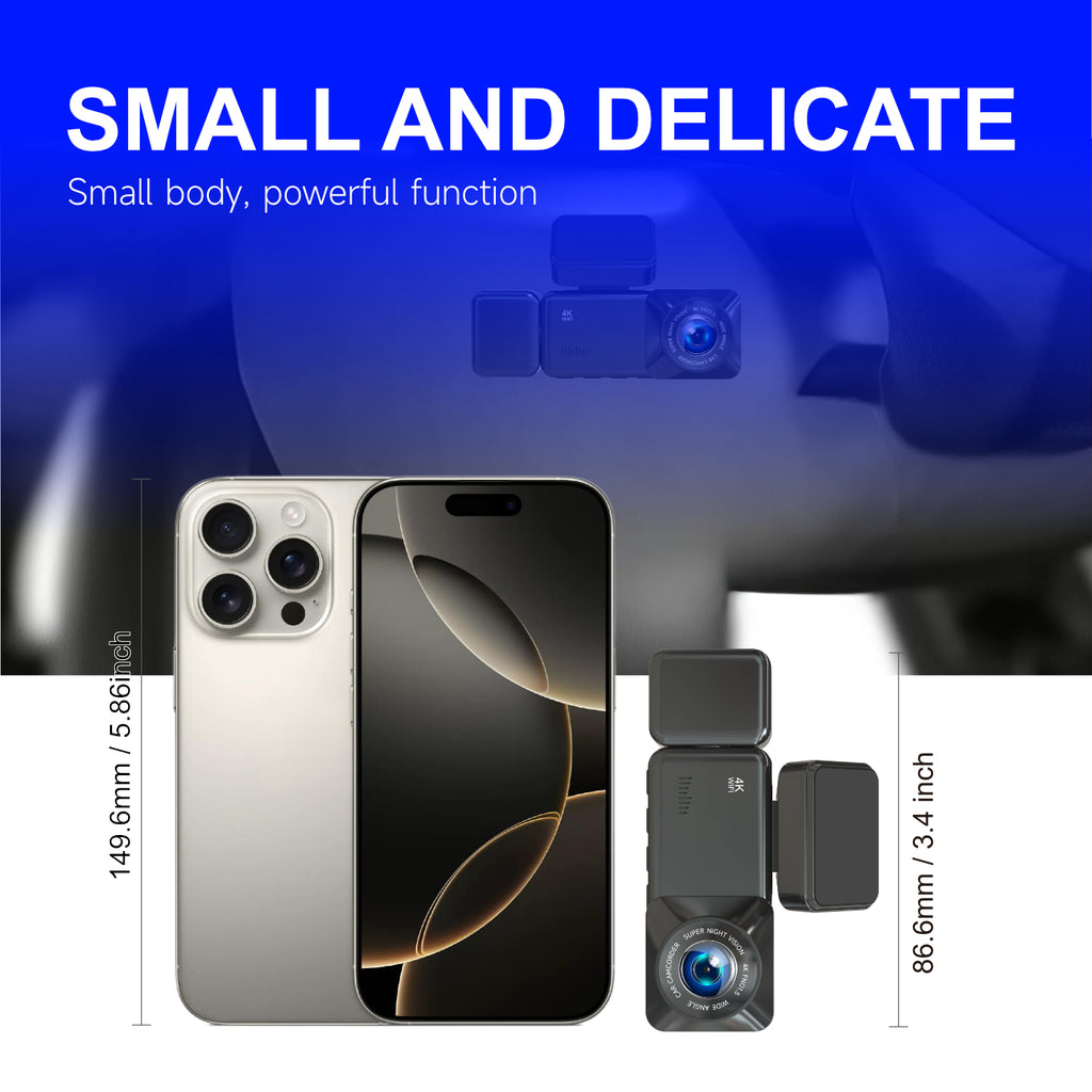 4K+1080P Dual Lens Dash Cam Front and Rear Car Camera 170° Wide Angle with Built-in Wi-Fi and APP Control Super Night Vision Parking Monitor Loop Recording for Cars