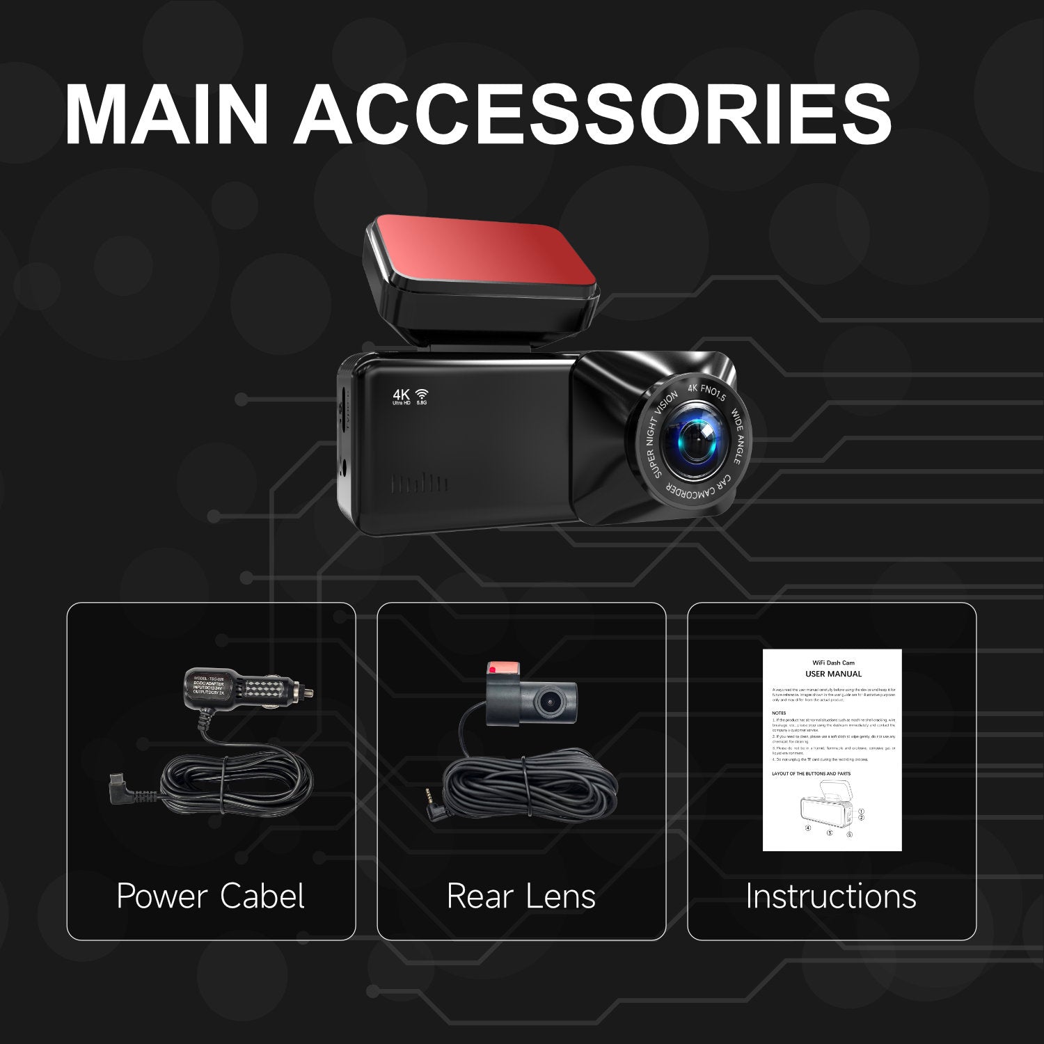 4K UHD Front and 1080P Rear Dash Cam with Built in WiFi and App 170 Degree Wide Angle Super Night Vision Parking Mode Loop Recording G Sensor for Cars