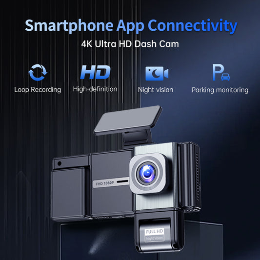 Dashboard Camera 1080P Full HD 4 Lenses with Starlight Night Vision and Direct Smartphone Connection, 0 Latency Streaming for 24-Hour Parking Surveillance and Automatic Loop Recording Video Security Storage