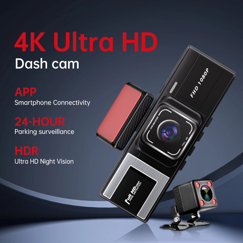 Car Dash Cam 4K Ultra HD 2160P Front Interior Rear Recording 3-in-1 Lens 170 Degree Wide Angle Smartphone APP Connection Night Vision HDR Parking Recording 24 Hour Parking Monitoring Auto Loop Recording Trending Viral Latest