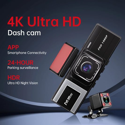 Car Dash Cam 4K Ultra HD 2160P Front Interior Rear Recording 3-in-1 Lens 170 Degree Wide Angle Smartphone APP Connection Night Vision HDR Parking Recording 24 Hour Parking Monitoring Auto Loop Recording Trending Viral Latest