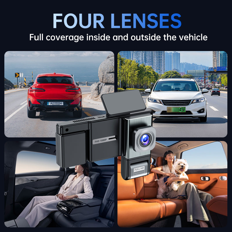 Dashboard Camera 1080P Full HD 4 Lenses with Starlight Night Vision and Direct Smartphone Connection, 0 Latency Streaming for 24-Hour Parking Surveillance and Automatic Loop Recording Video Security Storage