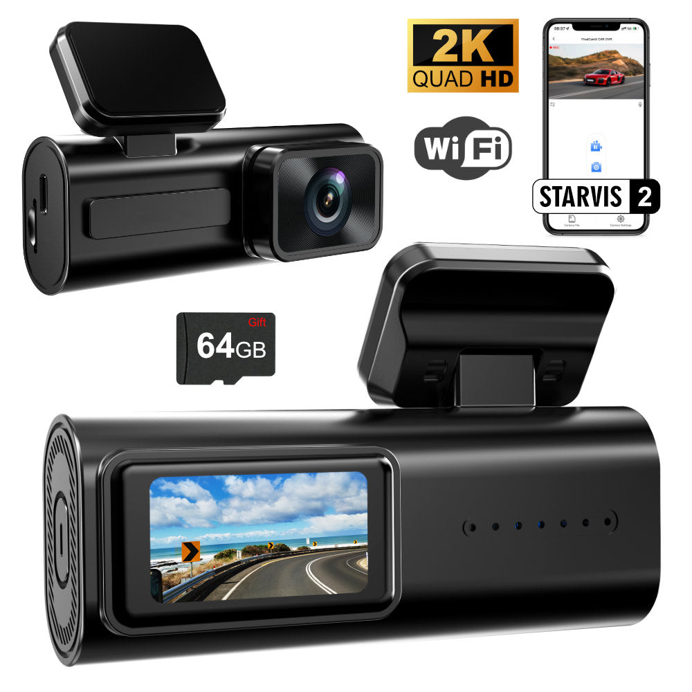 2K QHD Dashboard Camera WiFi Dash Cam Front and Rear View 170 Degree Wide Angle Lens Night Vision WDR G Sensor Loop Recording with 64GB Memory Card Easy Mount for Car Vehicle Safety