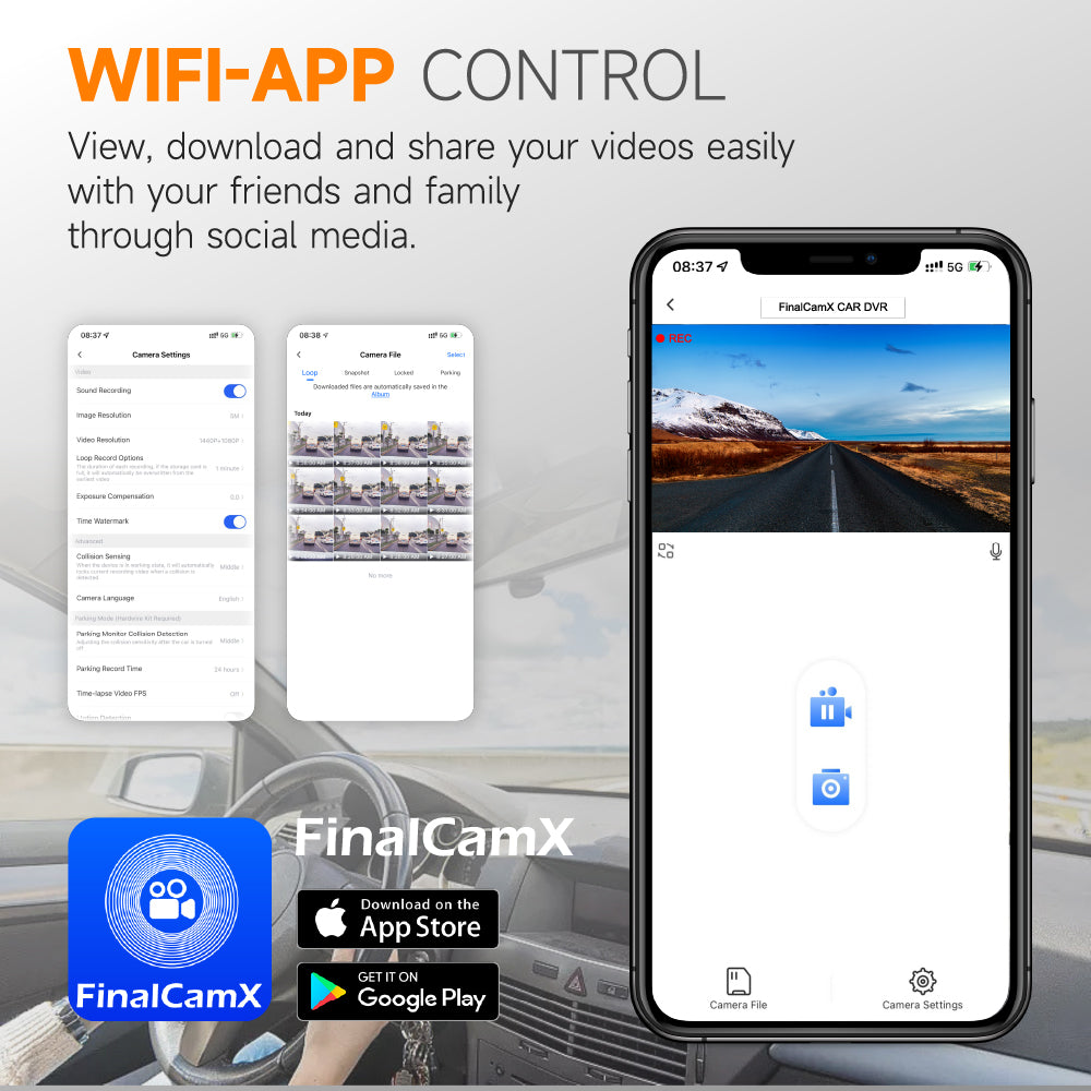 2K QHD Dashboard Camera WiFi Dash Cam Front and Rear View 170 Degree Wide Angle Lens Night Vision WDR G Sensor Loop Recording with 64GB Memory Card Easy Mount for Car Vehicle Safety