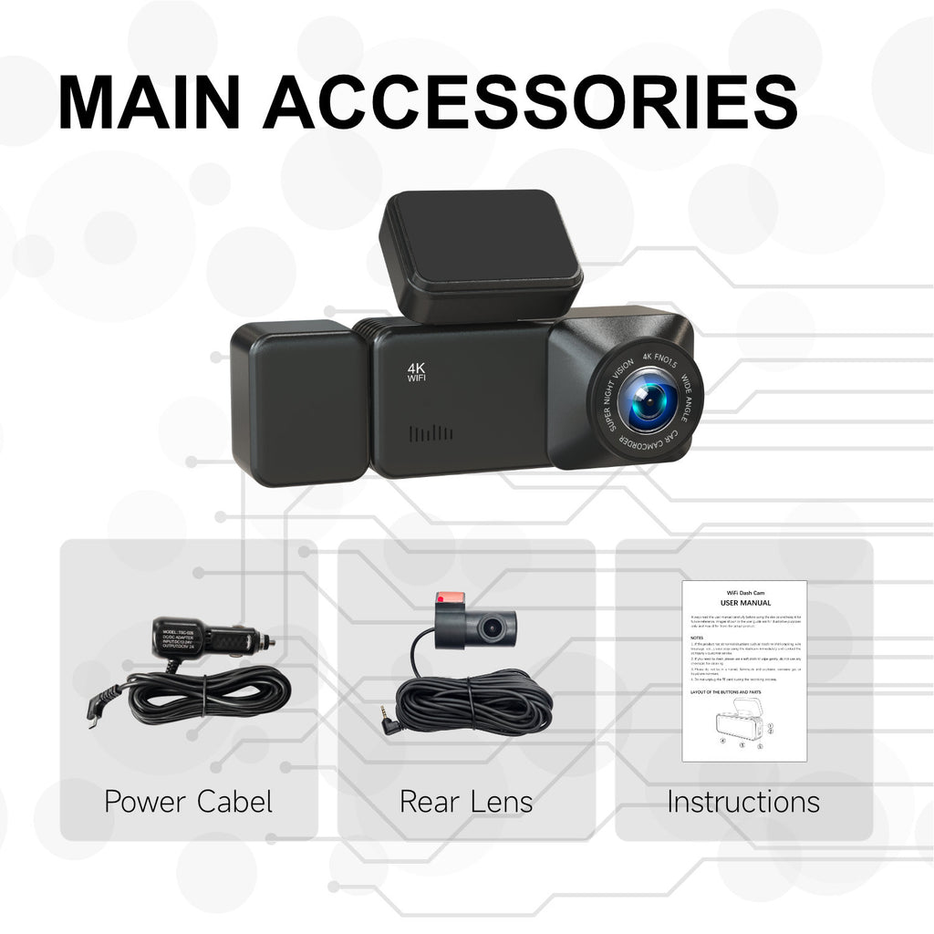 4K+1080P Dual Lens Dash Cam Front and Rear Car Camera 170° Wide Angle with Built-in Wi-Fi and APP Control Super Night Vision Parking Monitor Loop Recording for Cars