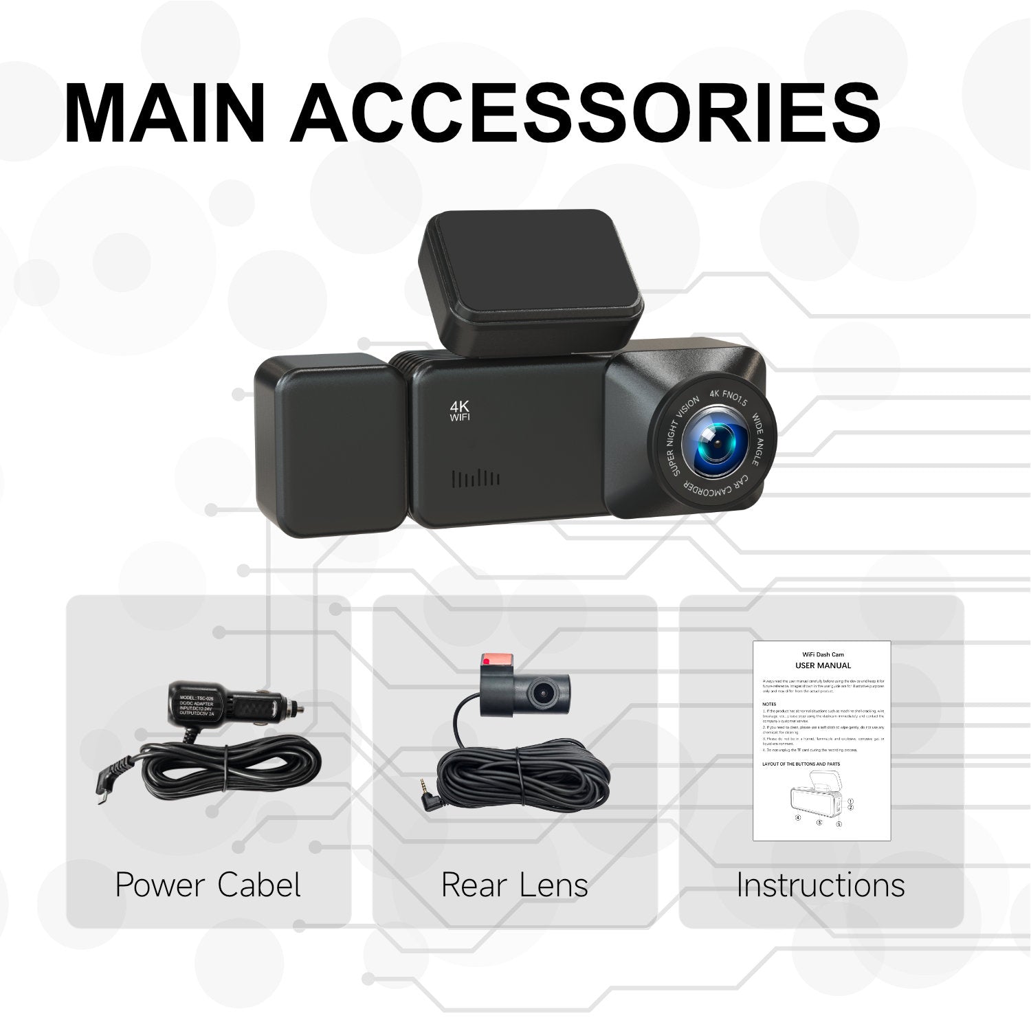 4K+1080P Dual Lens Dash Cam Front and Rear Car Camera 170° Wide Angle with Built-in Wi-Fi and APP Control Super Night Vision Parking Monitor Loop Recording for Cars