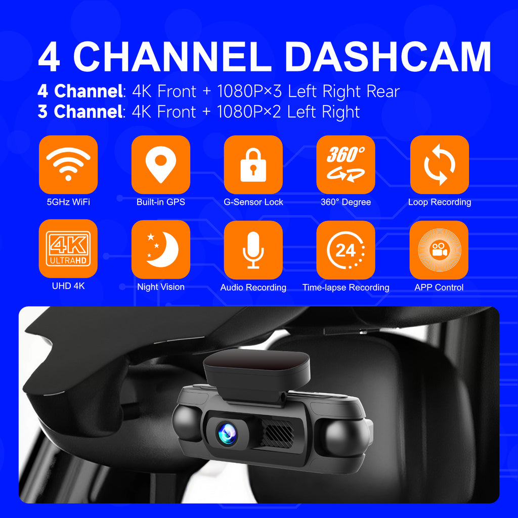 Professional 4K Quad Channel Dash Camera Built in WiFi and GPS Super Night Vision with STARVIS 2 Loop Recording G Sensor Collision Detection and Parking Surveillance Guard Your Car Day and Night