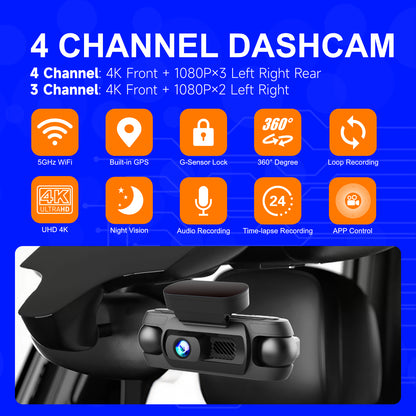 Professional 4K Quad Channel Dash Camera Built in WiFi and GPS Super Night Vision with STARVIS 2 Loop Recording G Sensor Collision Detection and Parking Surveillance Guard Your Car Day and Night