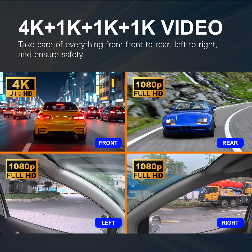 Professional 4K Quad Channel Dash Camera Built in WiFi and GPS Super Night Vision with STARVIS 2 Loop Recording G Sensor Collision Detection and Parking Surveillance Guard Your Car Day and Night