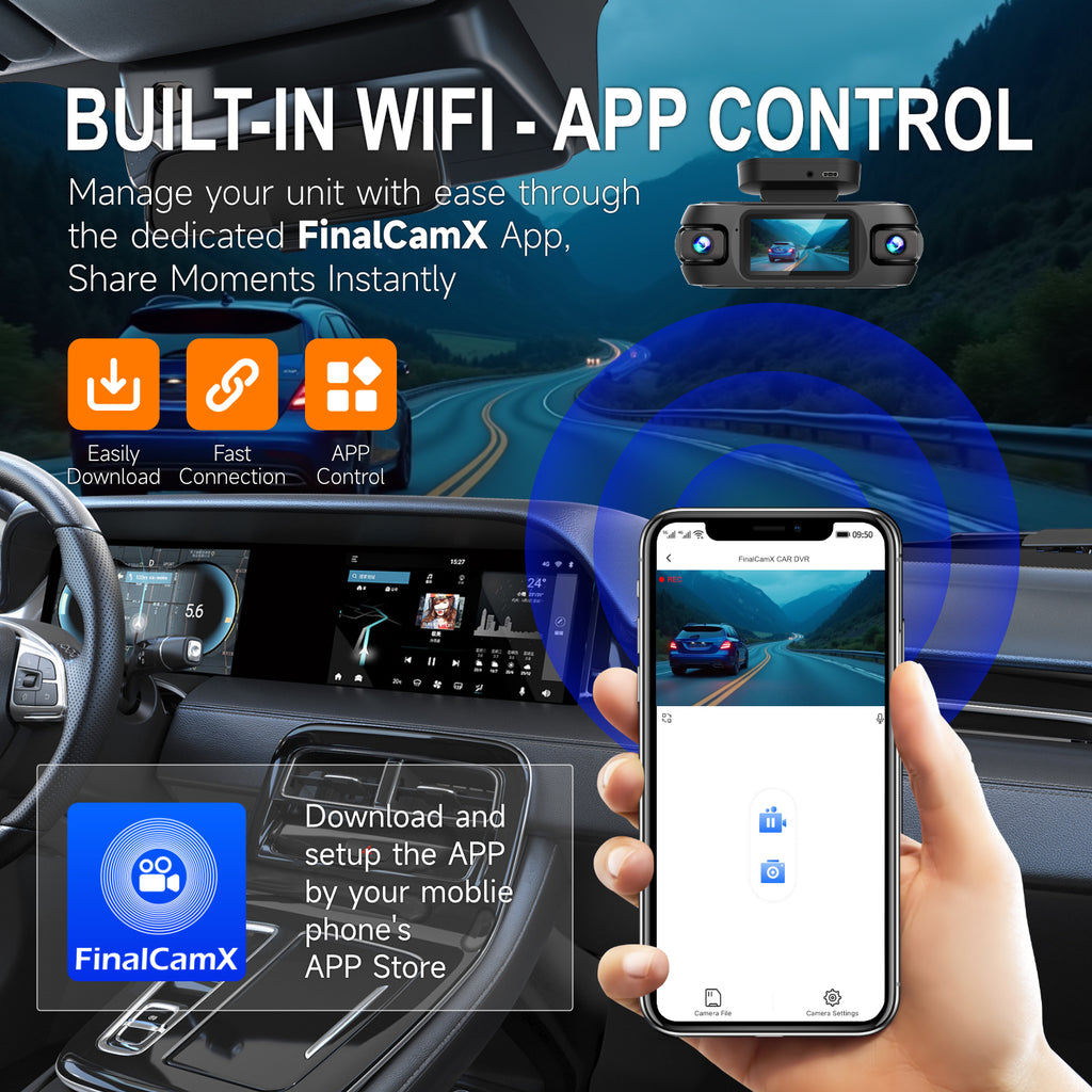 Professional 4K Quad Channel Dash Camera Built in WiFi and GPS Super Night Vision with STARVIS 2 Loop Recording G Sensor Collision Detection and Parking Surveillance Guard Your Car Day and Night