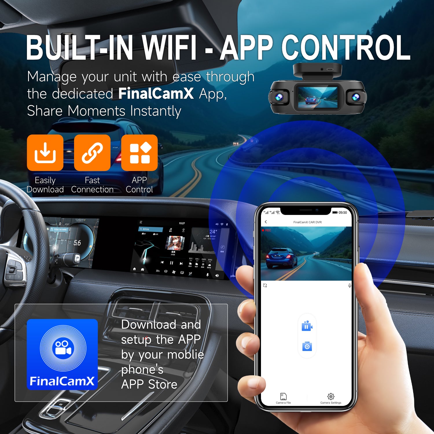 Professional 4K Quad Channel Dash Camera Built in WiFi and GPS Super Night Vision with STARVIS 2 Loop Recording G Sensor Collision Detection and Parking Surveillance Guard Your Car Day and Night